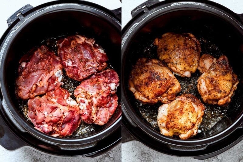 seared thighs in pot.