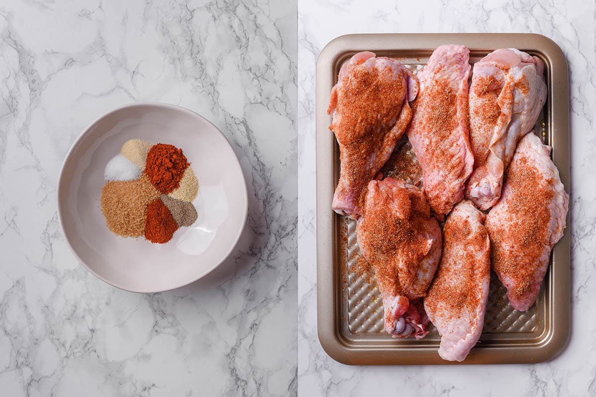 seasoned turkey wings on a baking sheet.