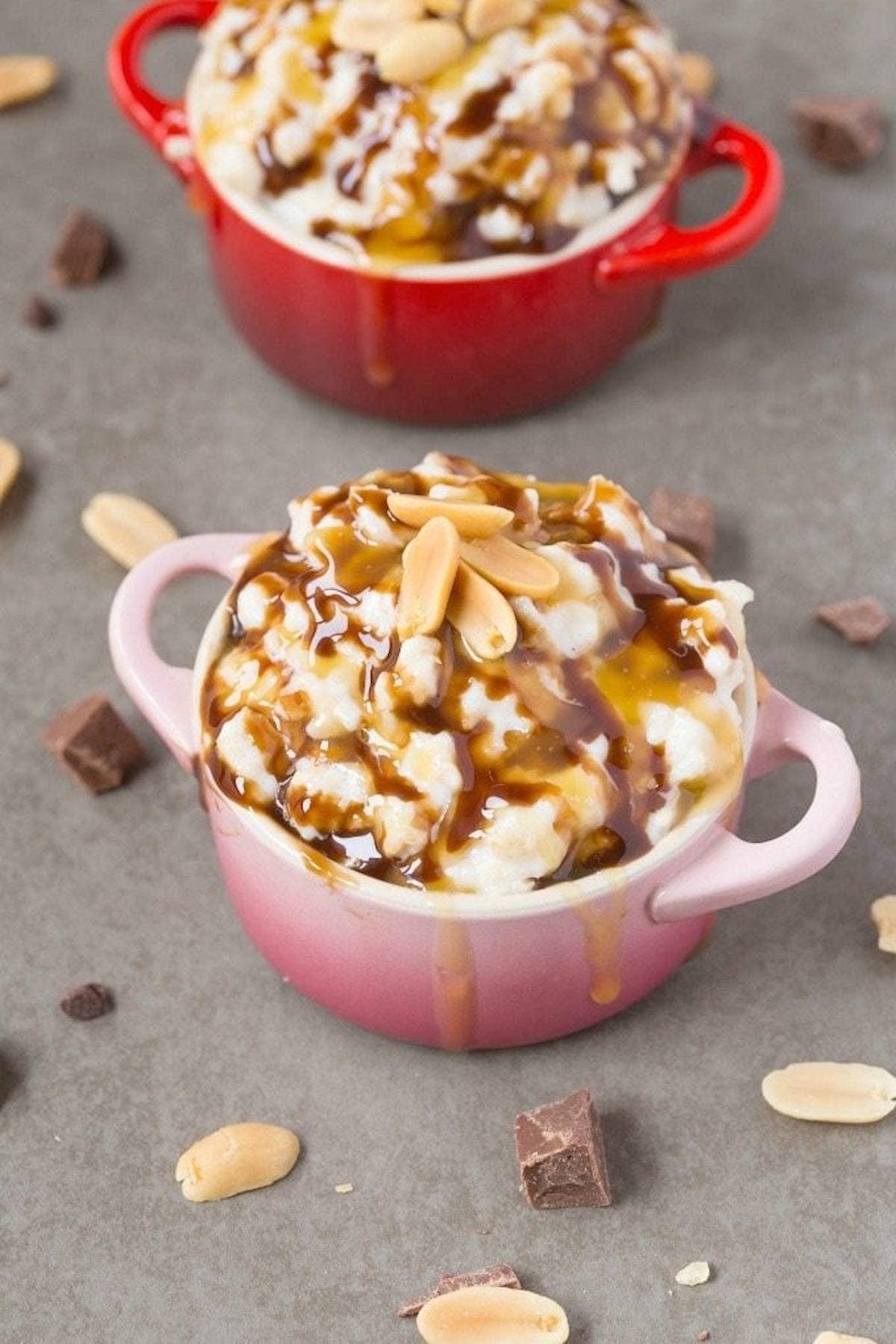 overnight oats with chopped peanuts, caramel sauce, and chocolate sauce.