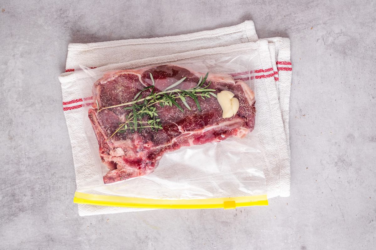 steak in vacuum sealed bag.