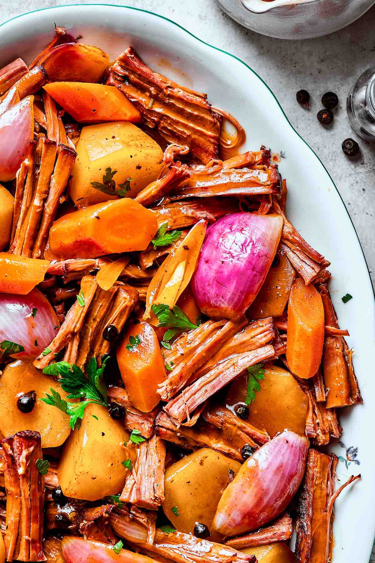 shredded venison roast with vegetables.