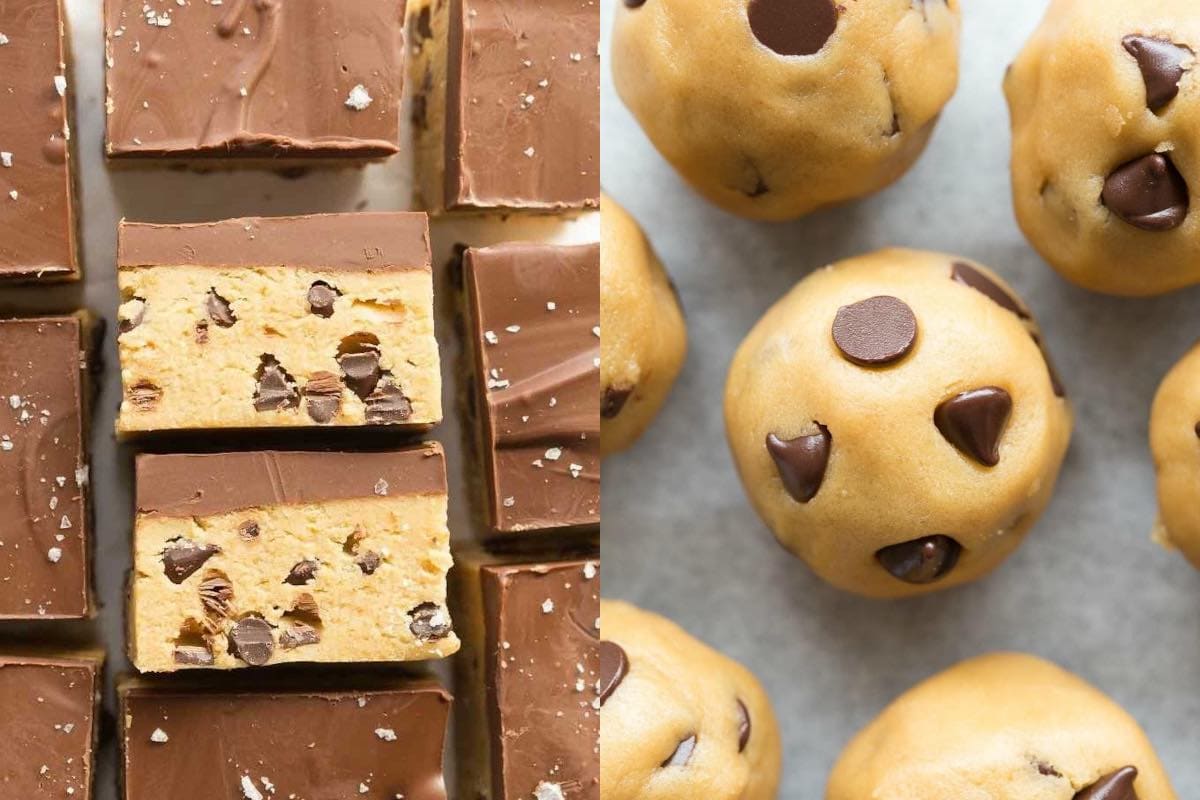 healthy cookie dough bars and healthy cookie dough balls collage.