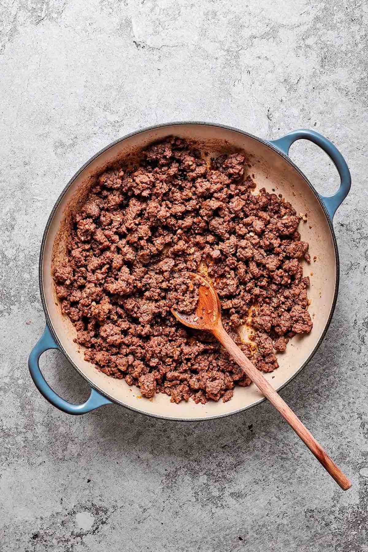 taco meat in a skillet.