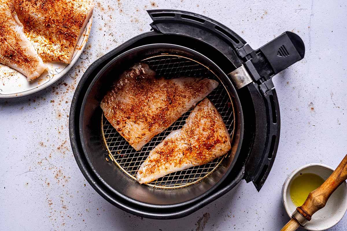 raw seasoned cod in the air fryer.