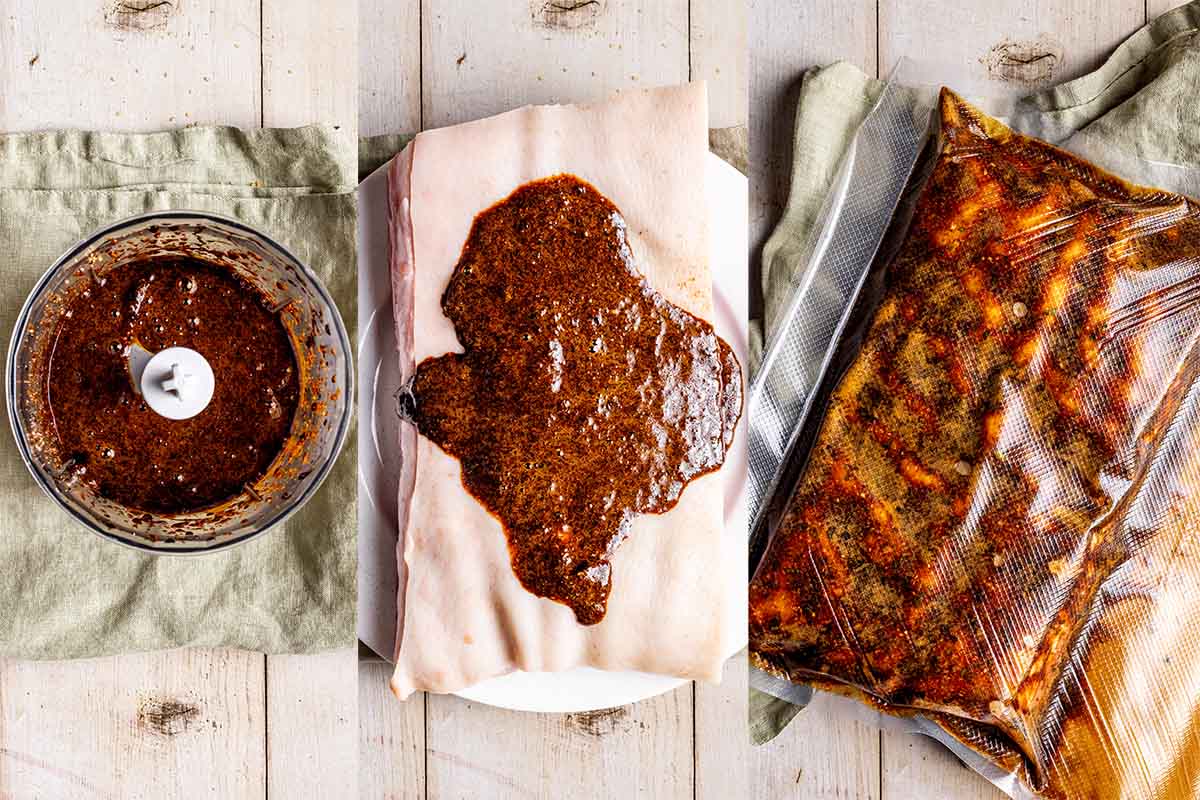 seasoned raw pork belly in marinade. 