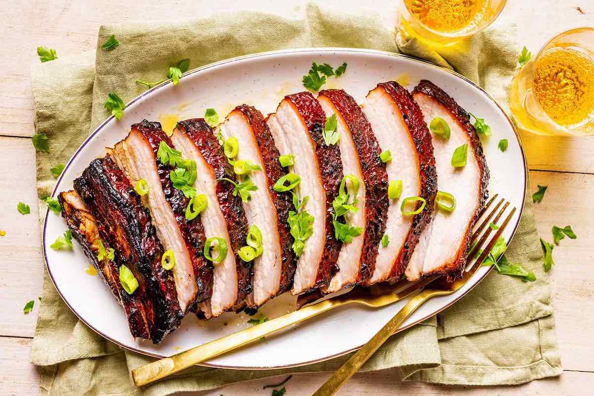 sliced sous vide pork belly.