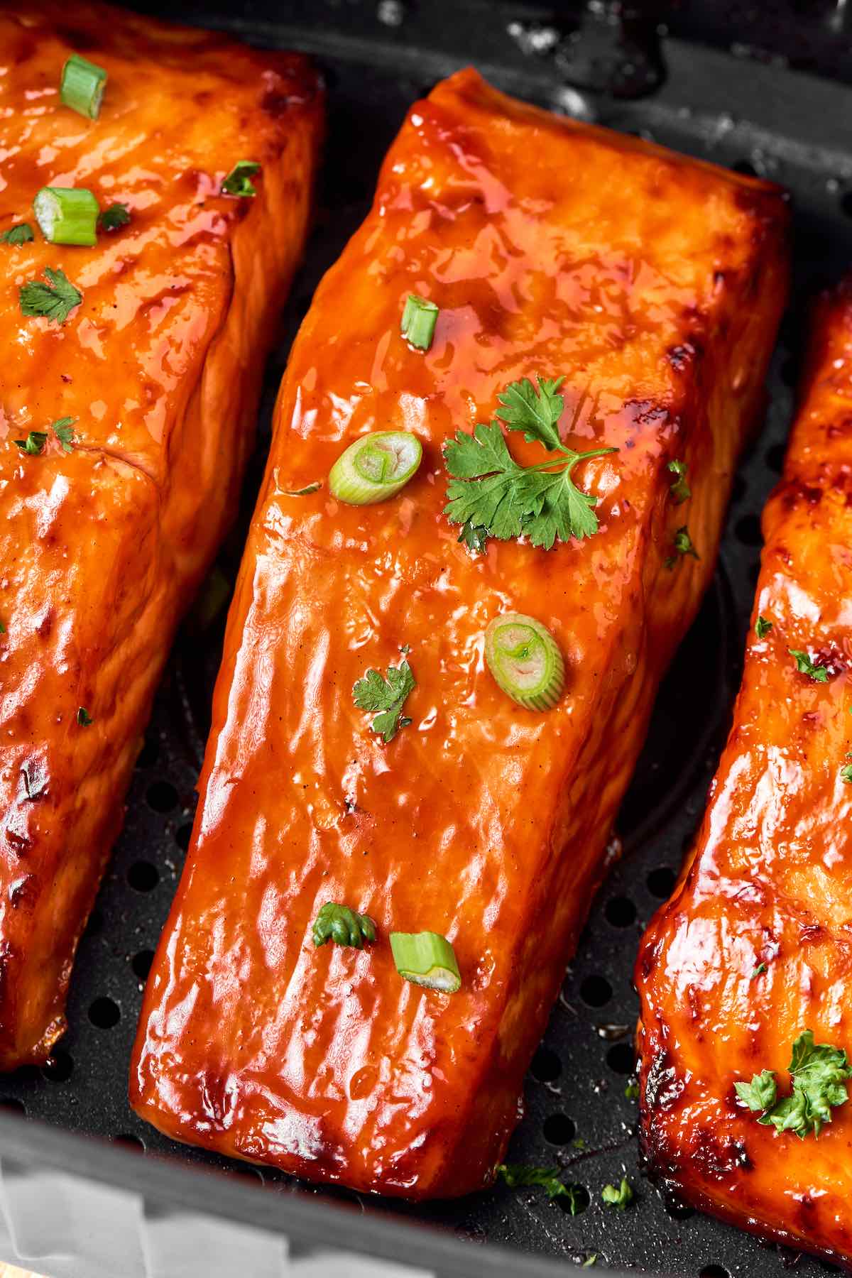 air fried salmon with sliced green onions.