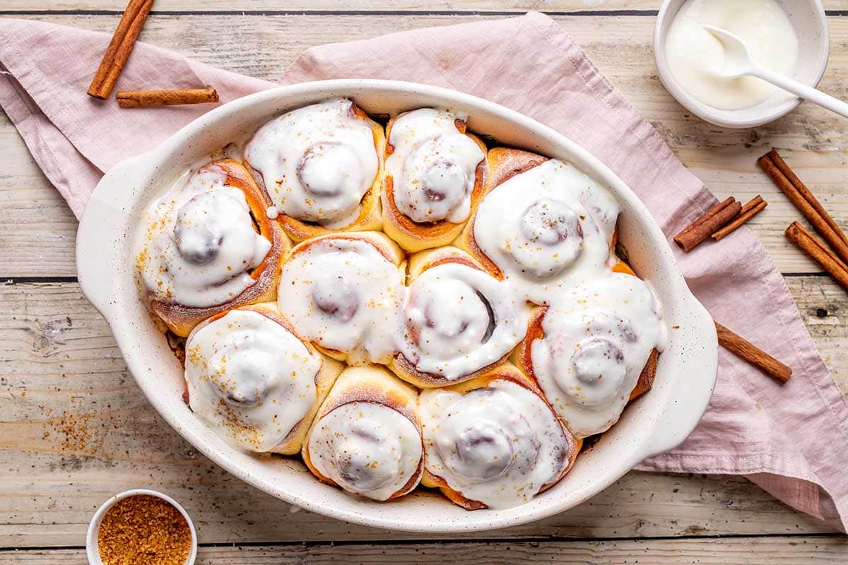 cinnamon rolls with protein frosting.