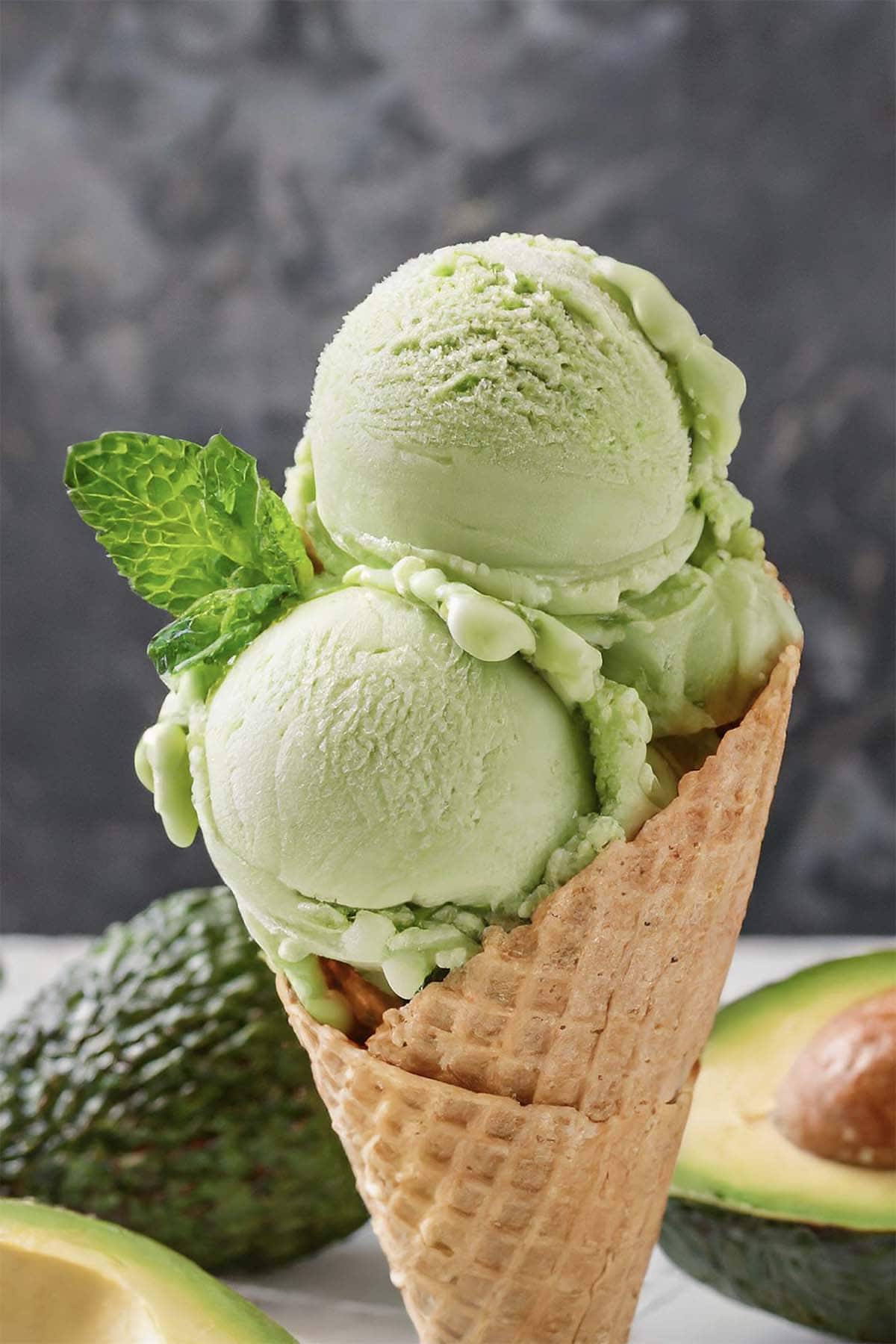 avocado ice cream in a cone.
