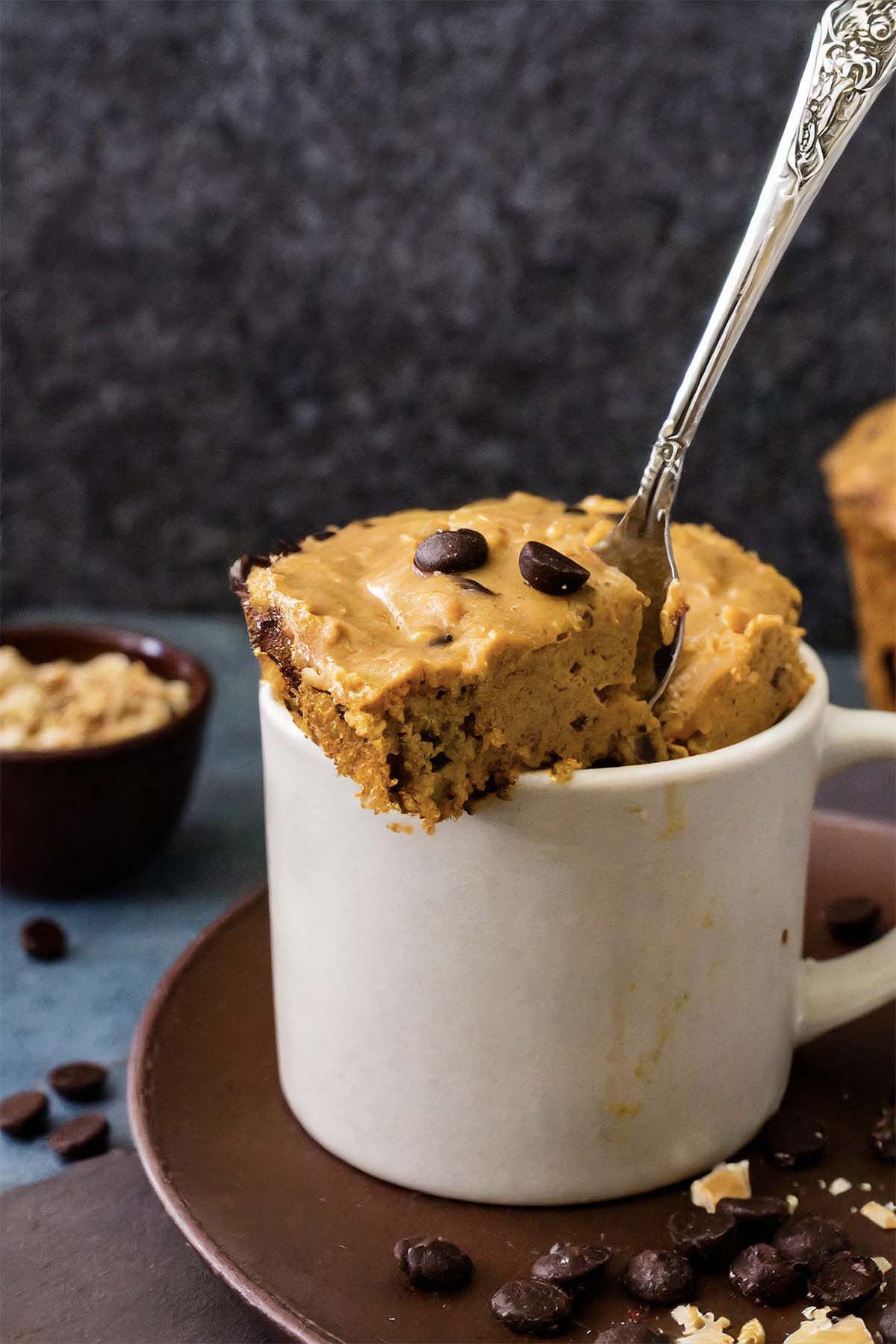 peanut butter mug cake with chocolate chips.