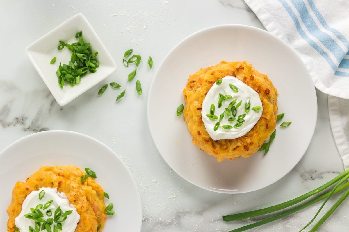 sour cream and chives topped pancakes.