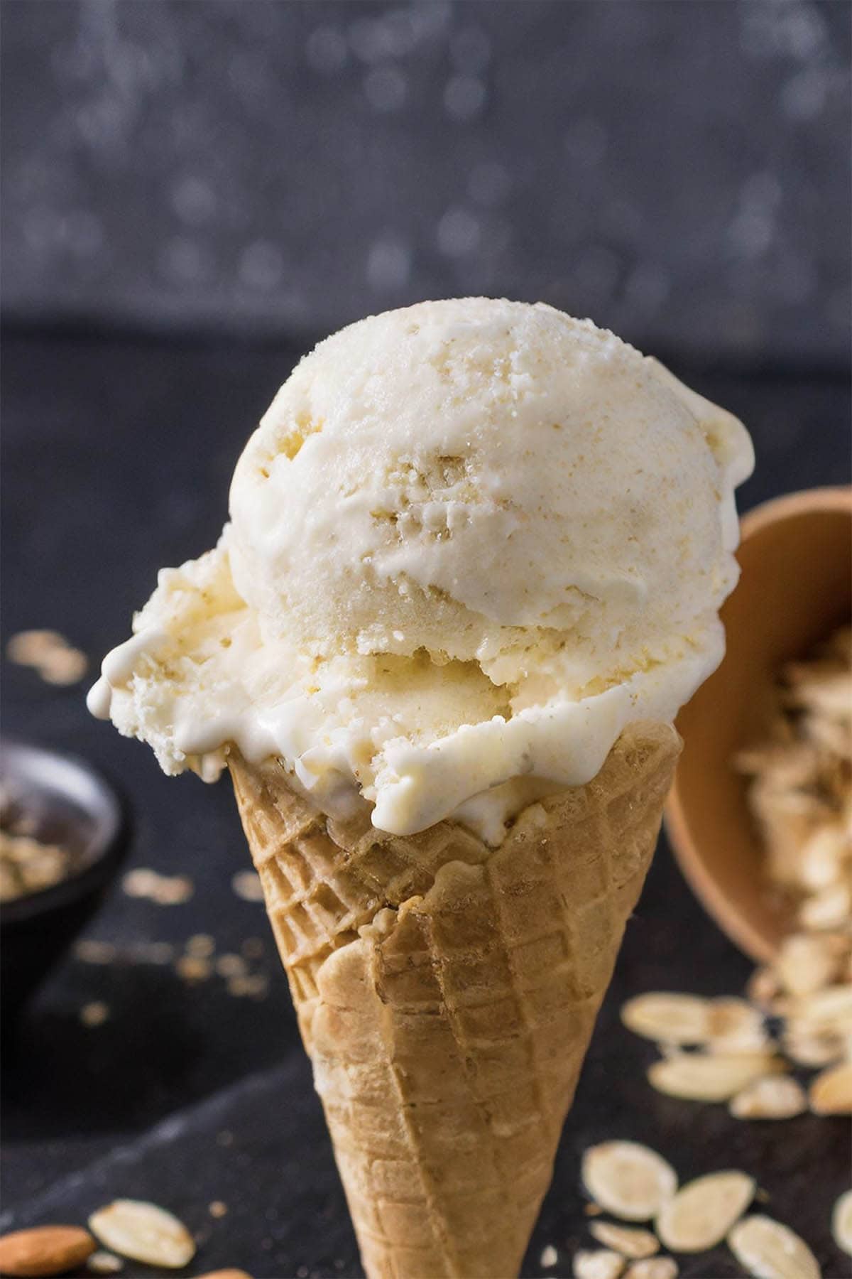 creamy oat milk ice cream in a cone.