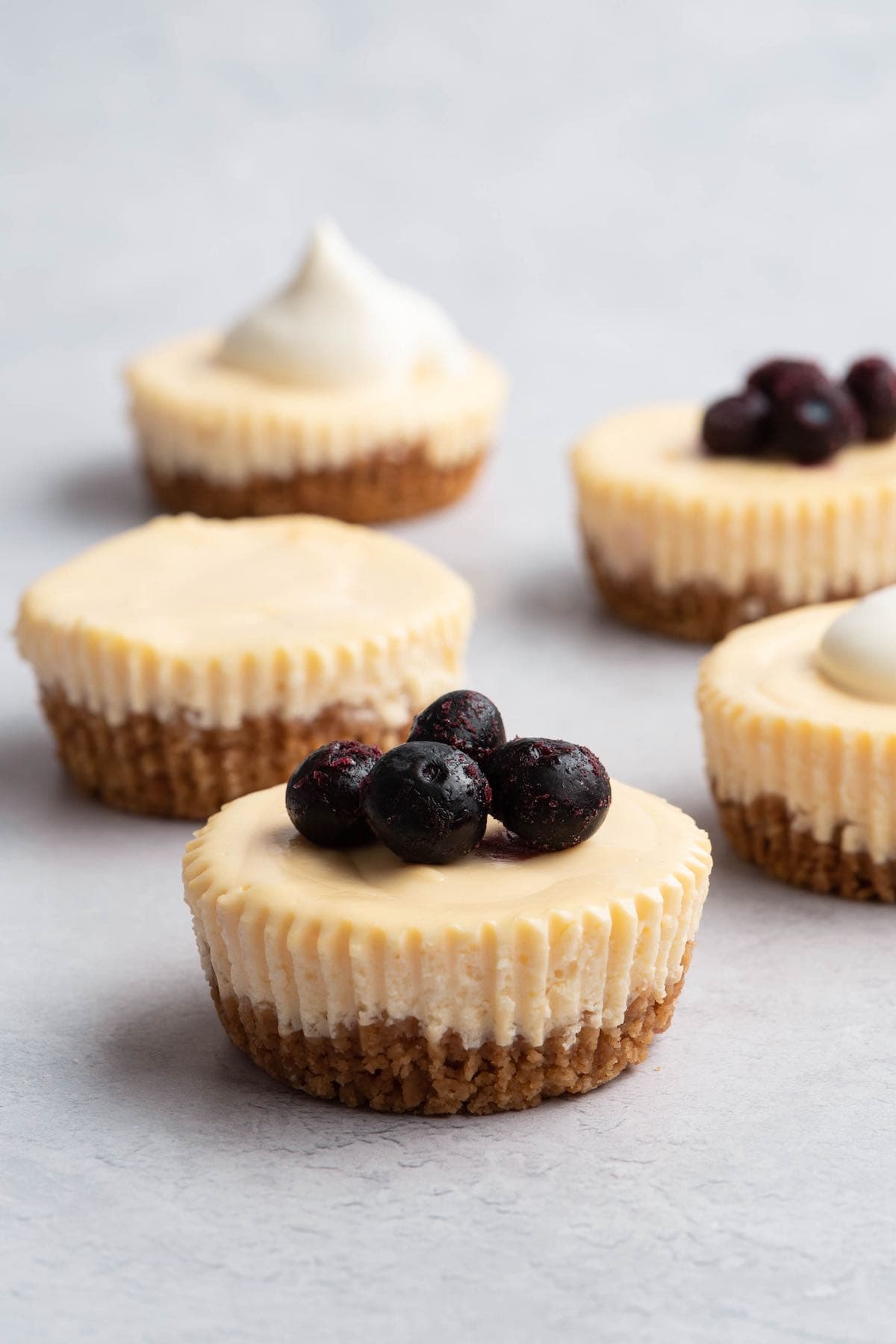 set and chilled cheesecake cupcakes with blueberries on top.