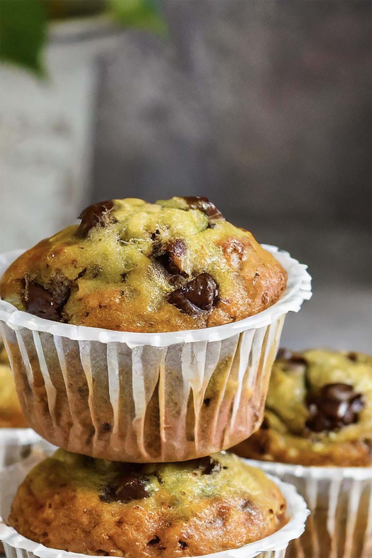 healthier zucchini muffins with chocolate chips.