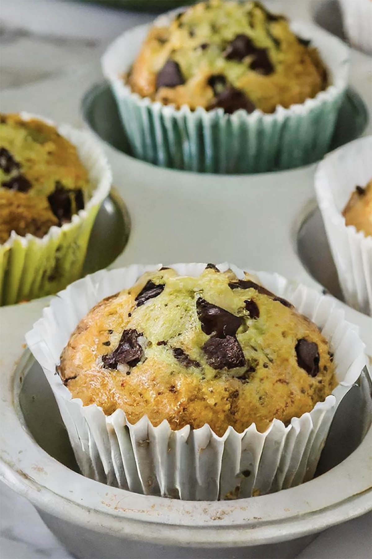 healthy zucchini muffins with chocolate chips.