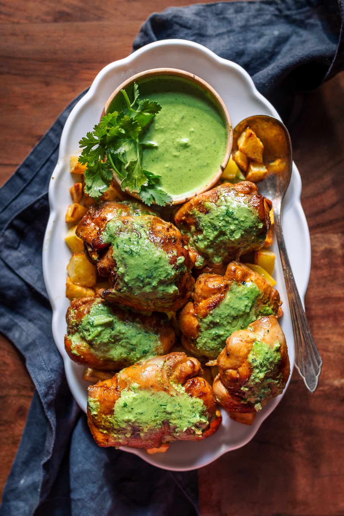 homemade Peruvian chicken with green sauce. 