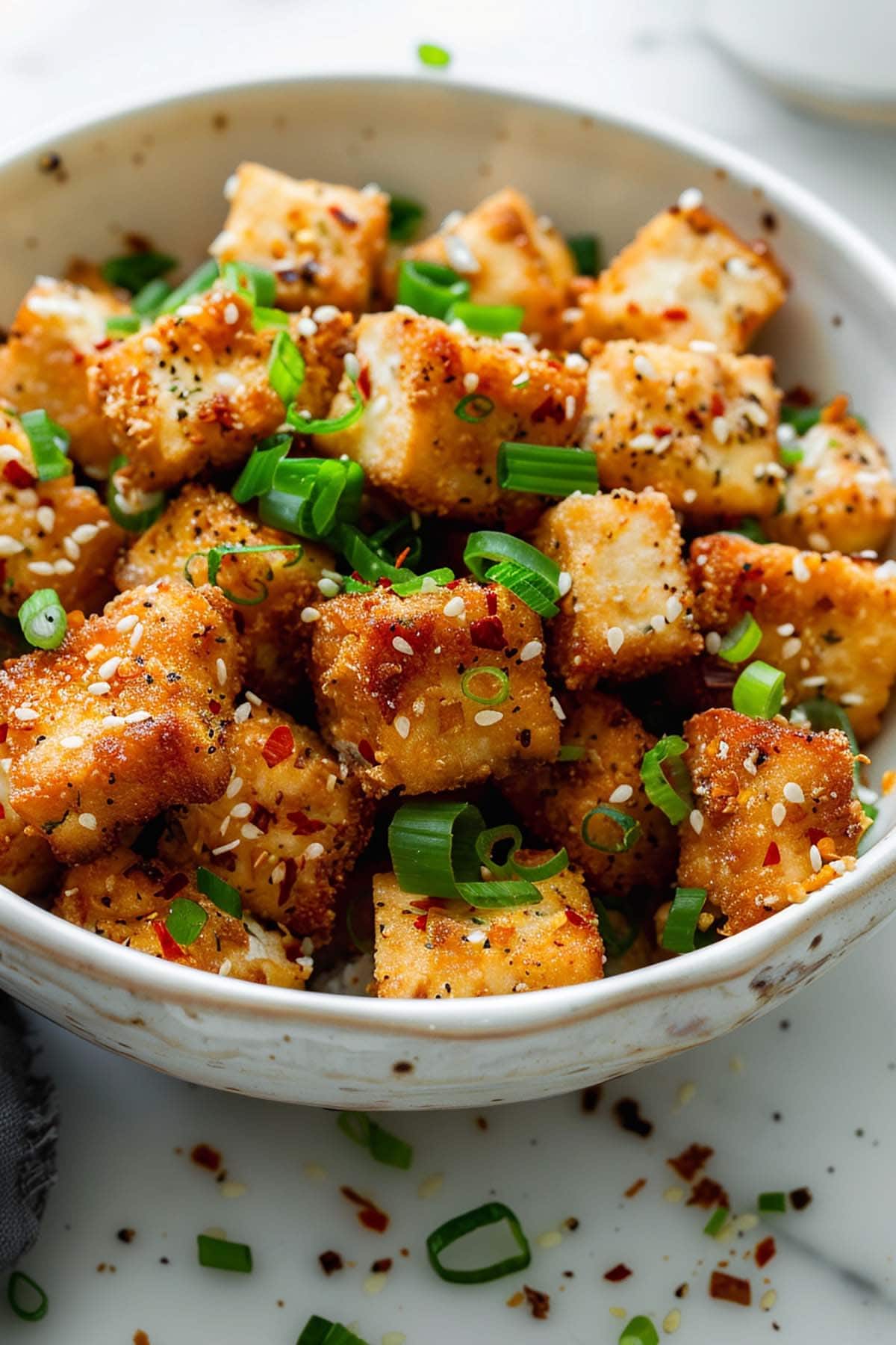 salt and pepper tofu in a large white bowl.