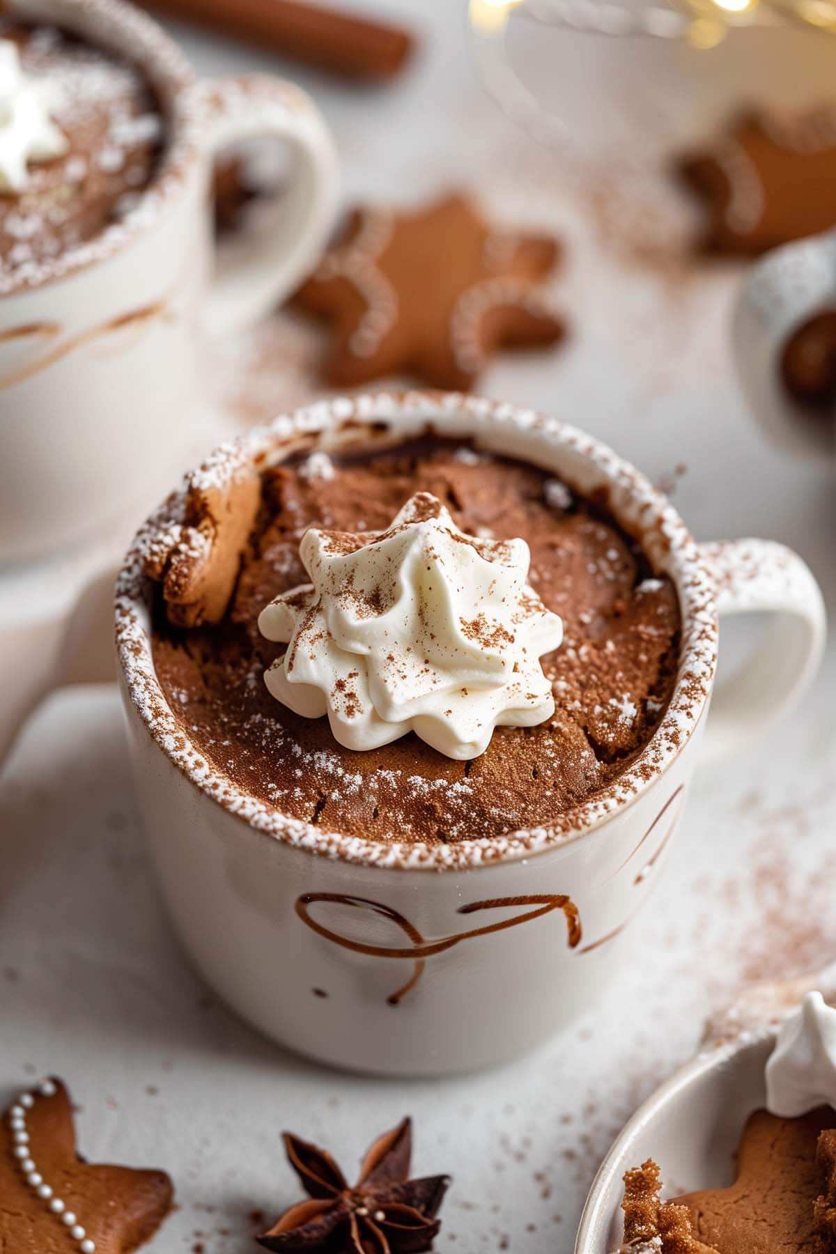 gingerbread mug cake with whipped cream on top.