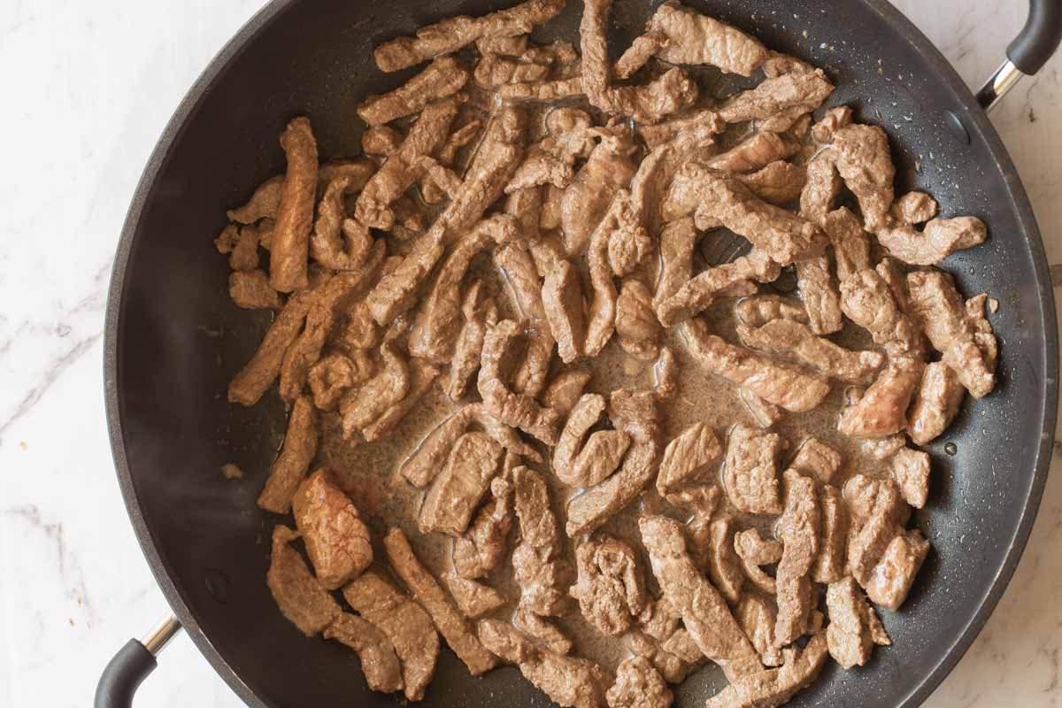 beef strips in a skillet.