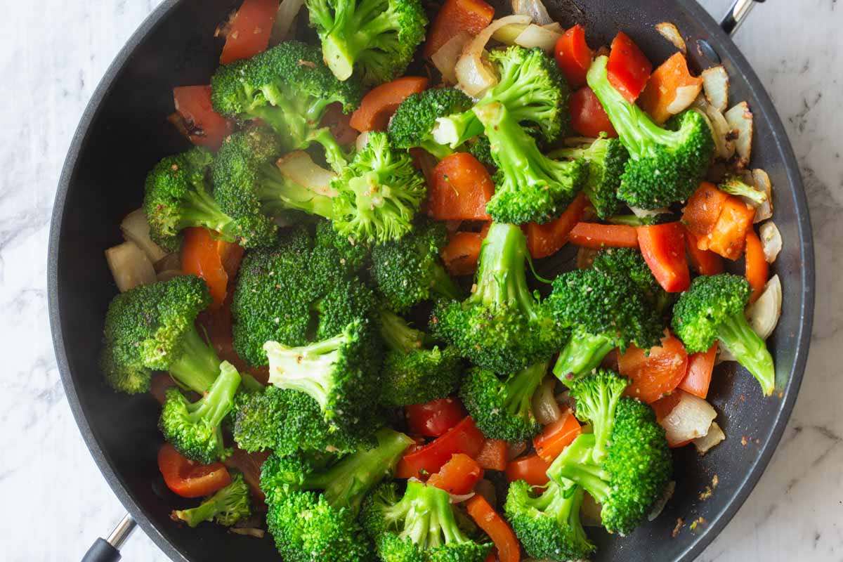 vegetables in a skillet.