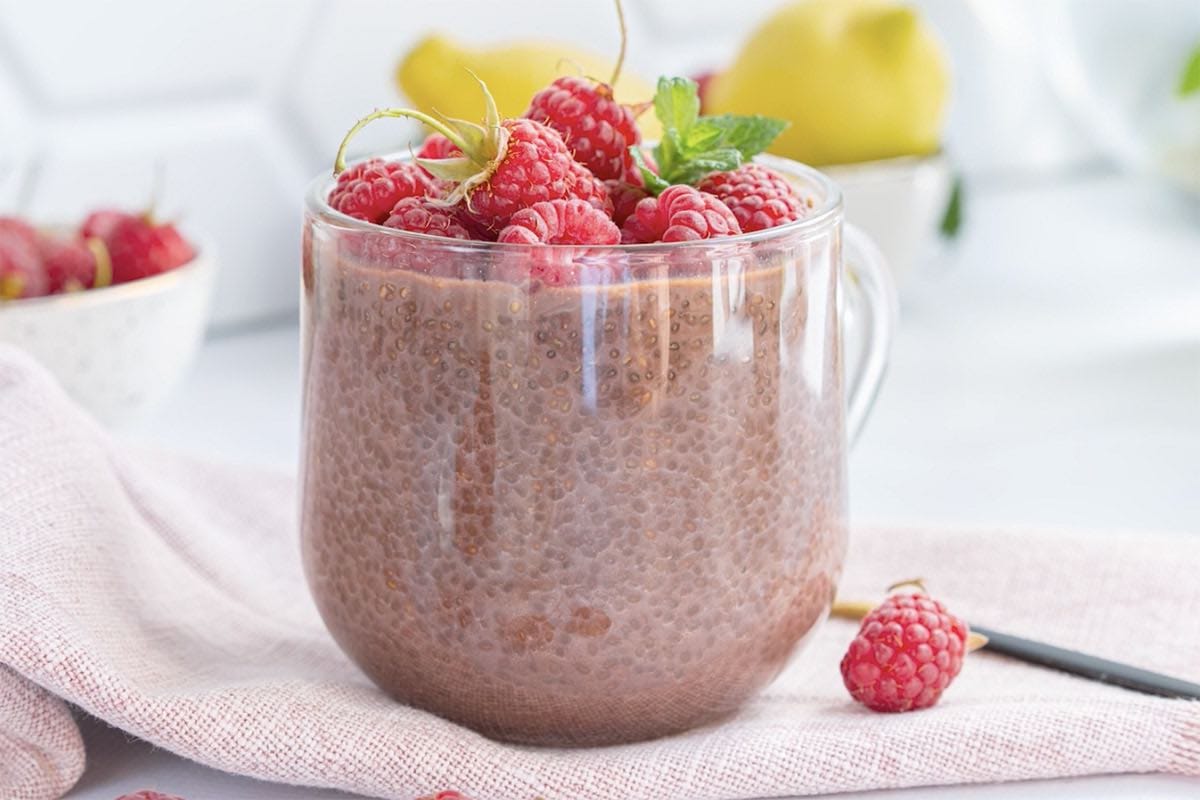 protein chia pudding with fresh raspberries.
