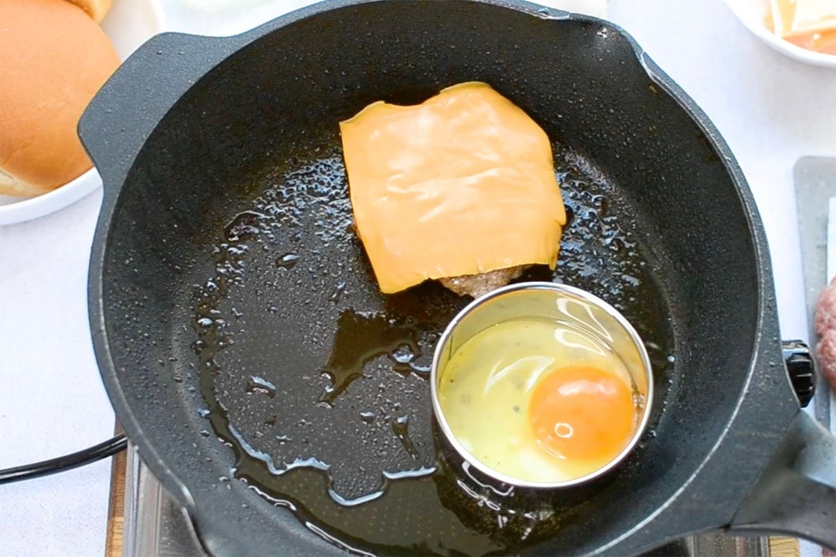 eggs cooking in skillet.