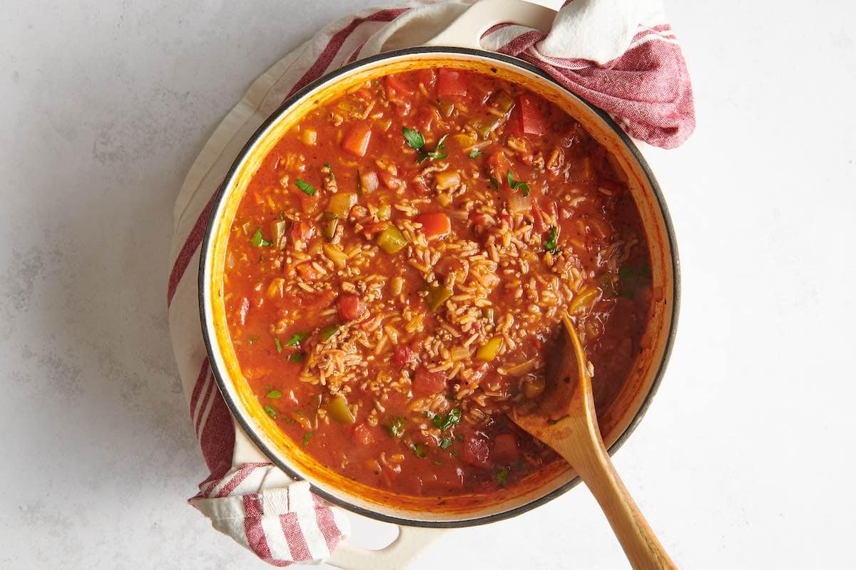 stuffed pepper soup in a pot. 