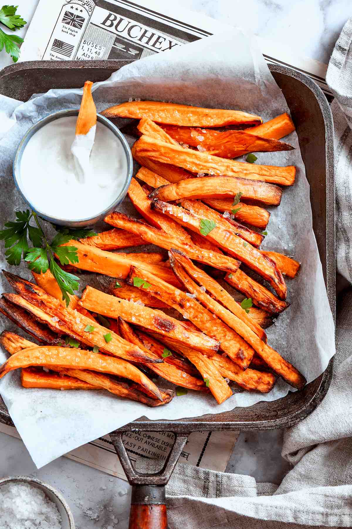 air fried sweet potato fries with dipping sauce.
