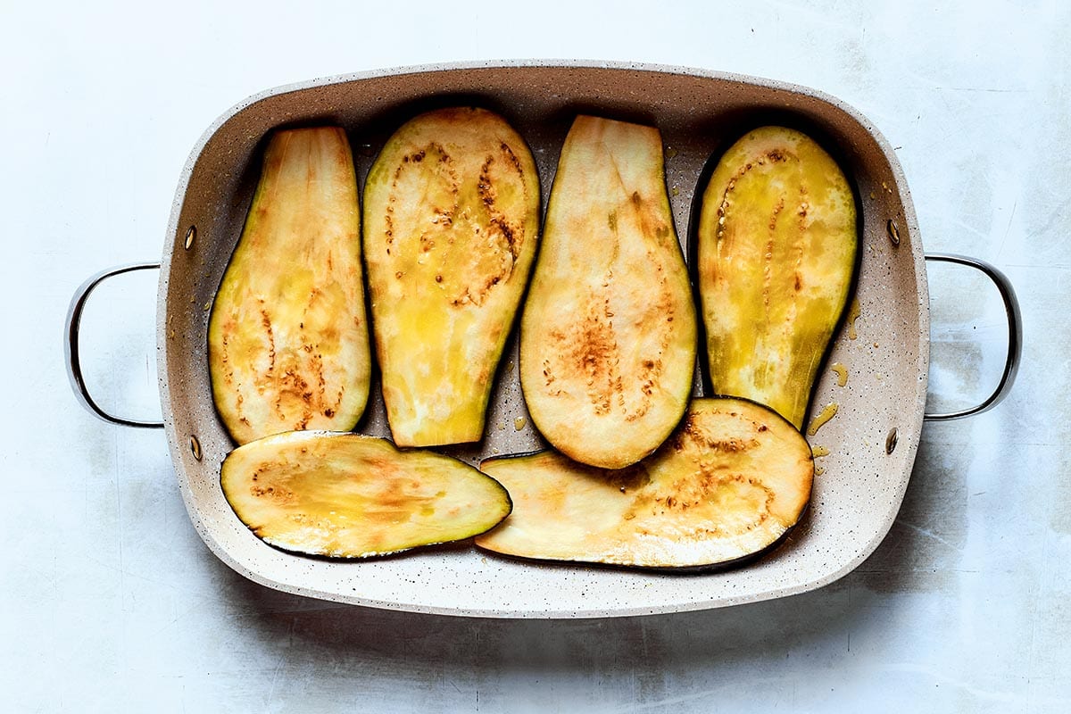 baked eggplant in dish.