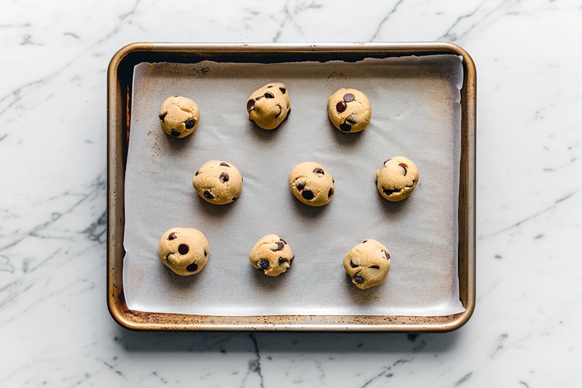 cookie dough balls on baking sheet.