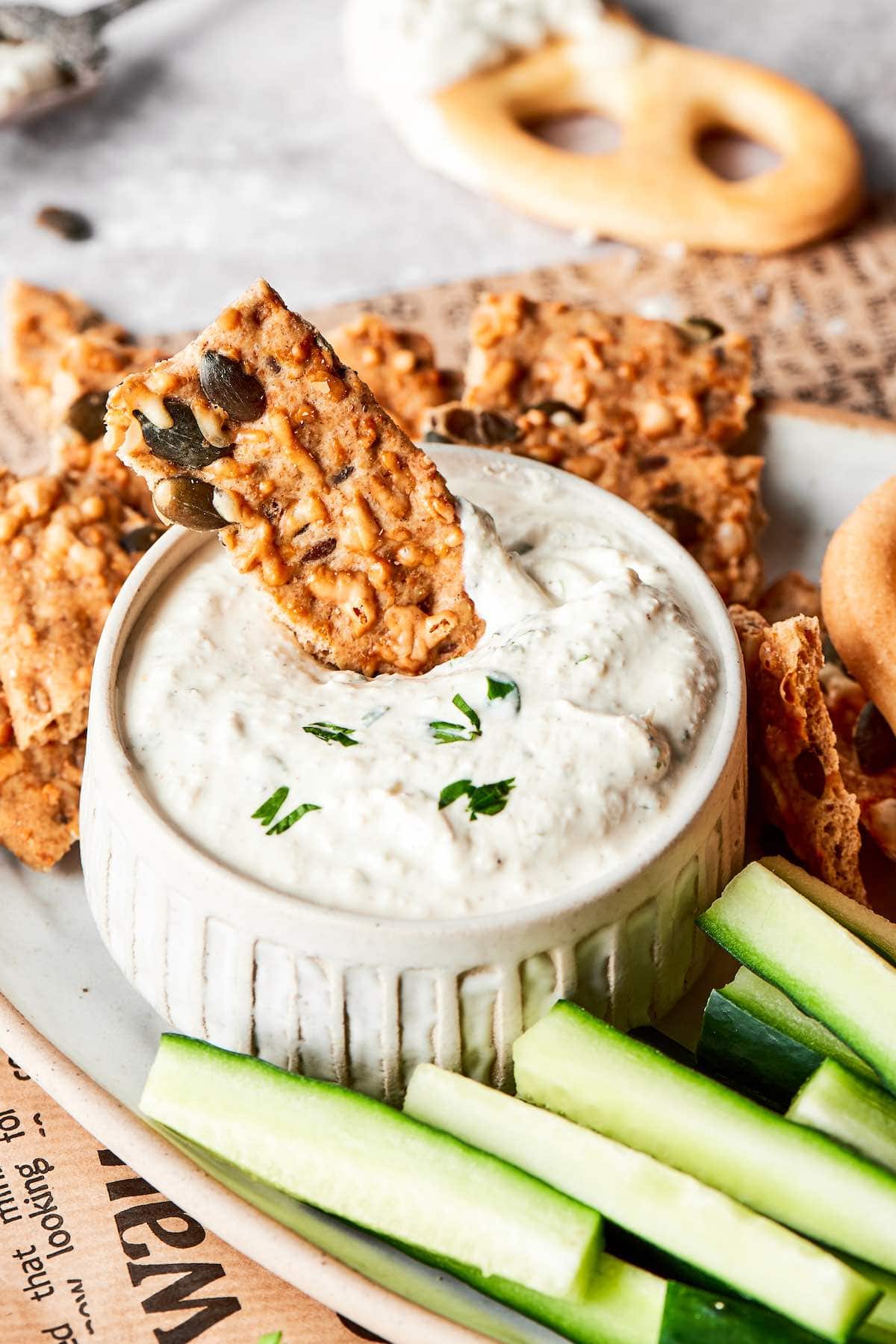 cottage cheese dip with crackers.