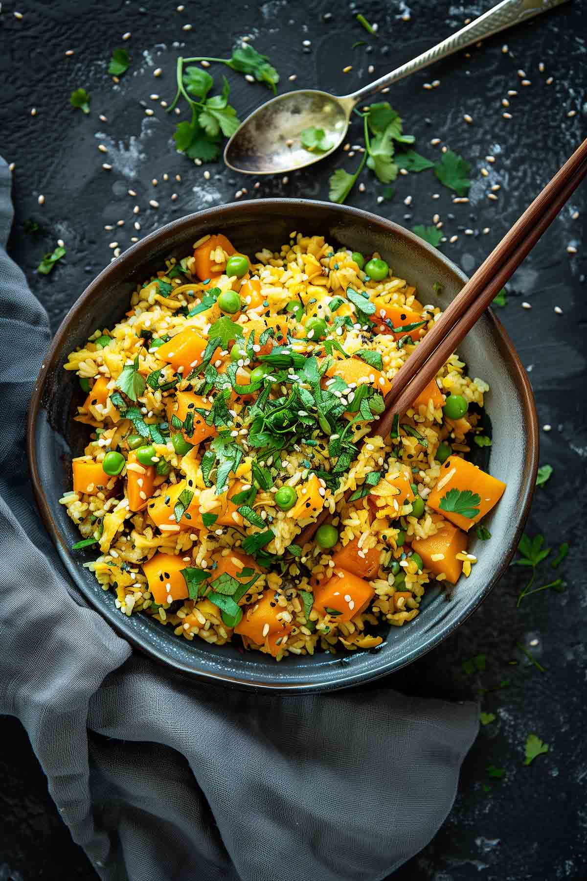 curry fried rice with chopped parsley on top.