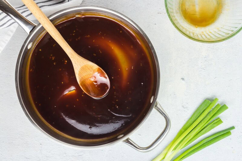 empress chicken sauce in skillet.