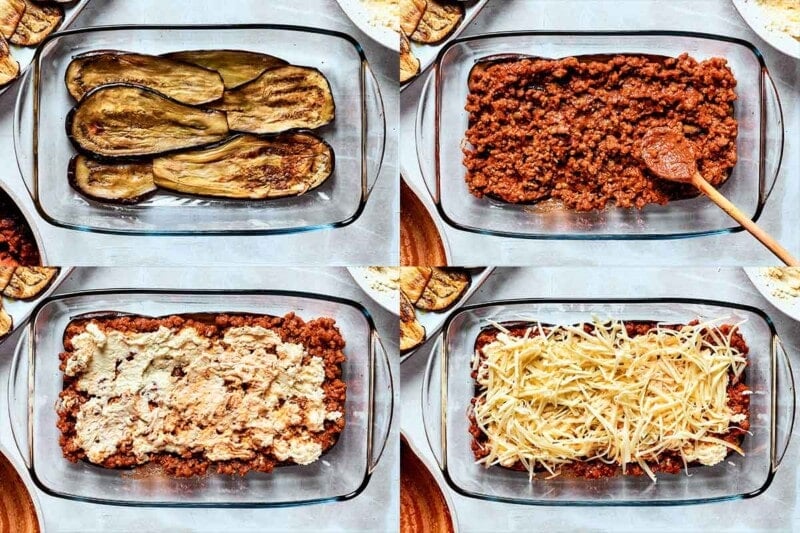 lasagna layers assembled in baking dish.