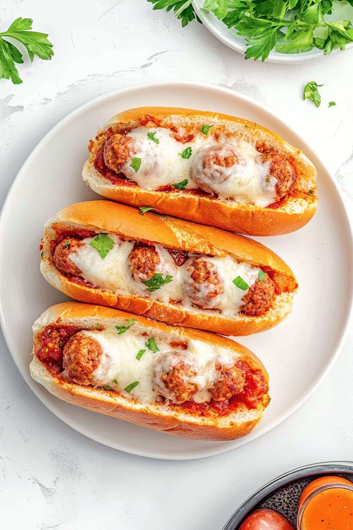 subway meatball subs on a white plate with chopped parsley on top.