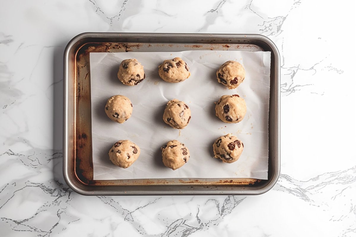 pecan cookie dough balls on a tray.