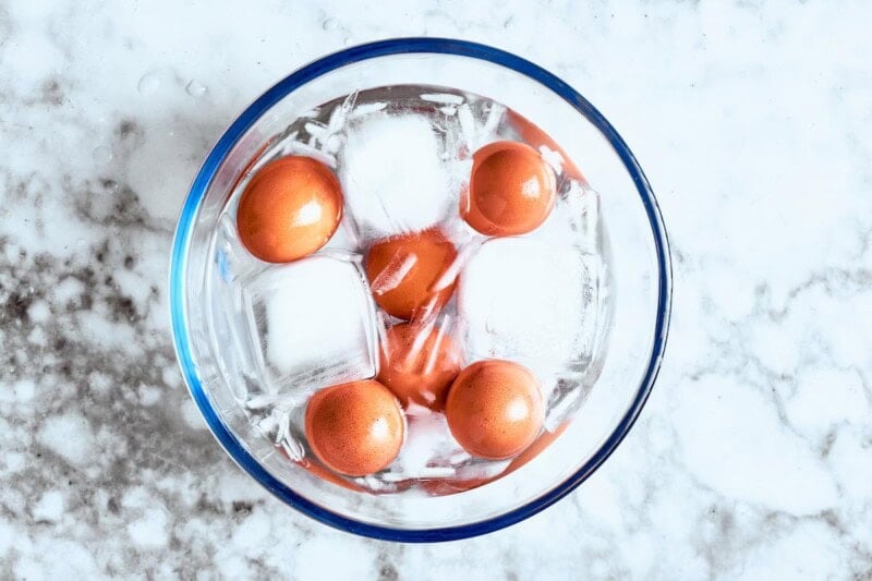 soft boiled eggs in ice water.