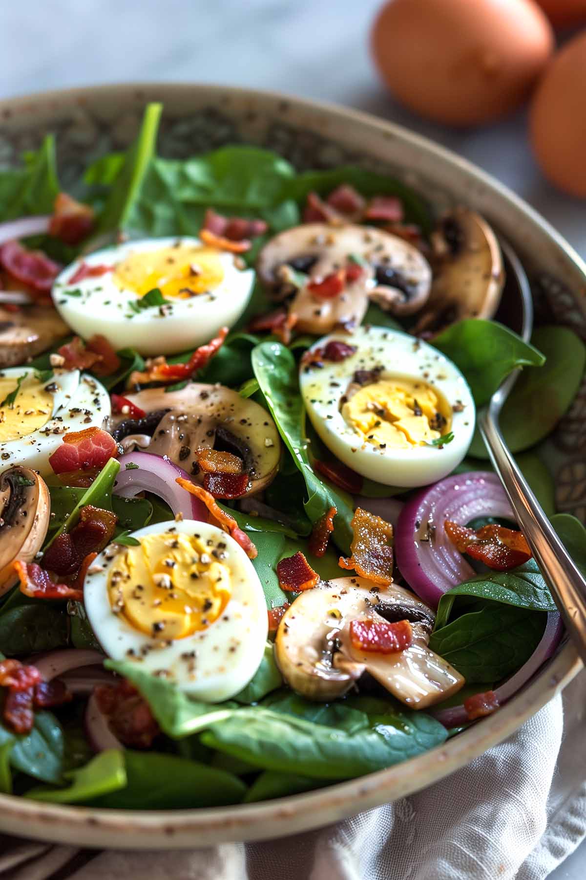 spinach salad with bacon dressing.
