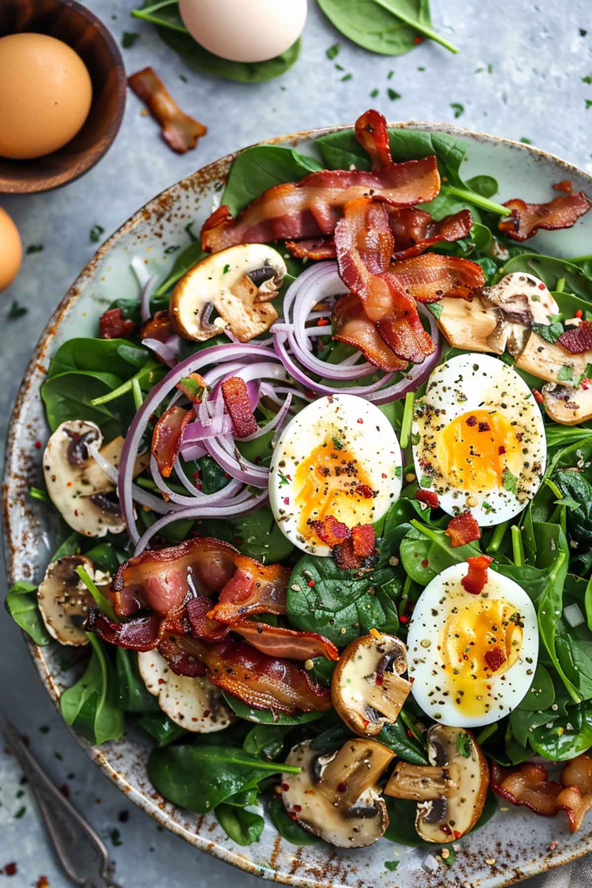 spinach salad with warm bacon dressing.