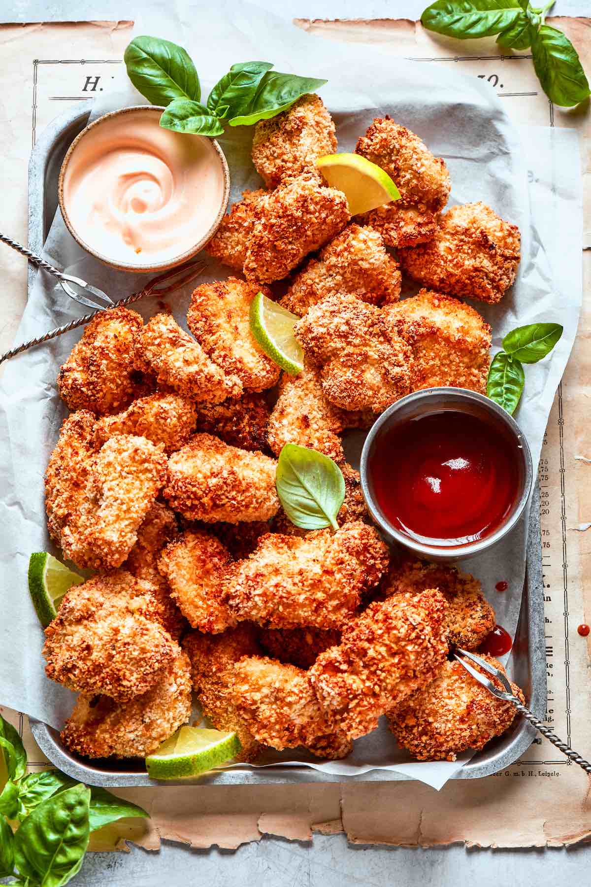 platter of air fryer chicken nuggets with dipping sauces.