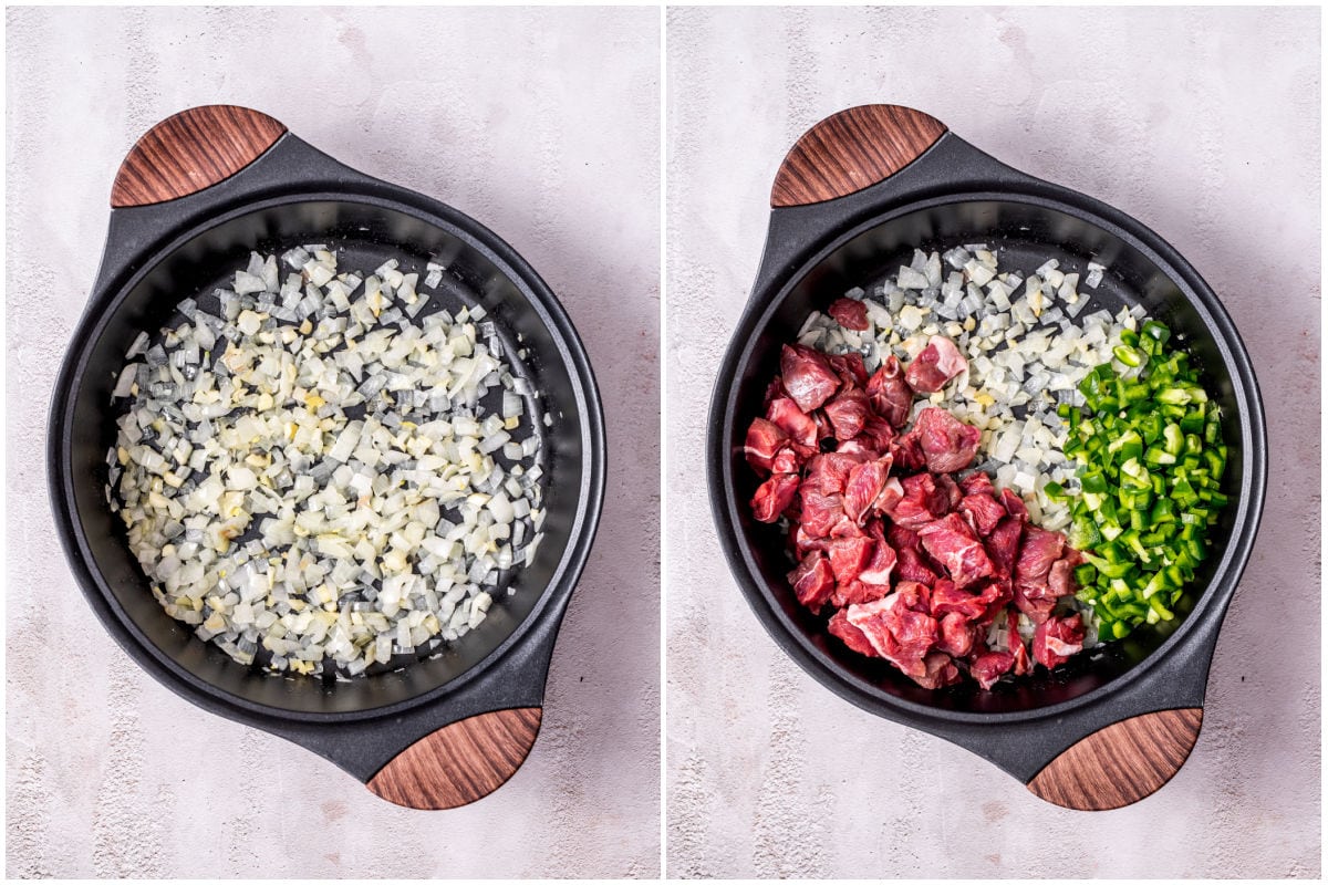 vegetables and beef sauteing in a pot.