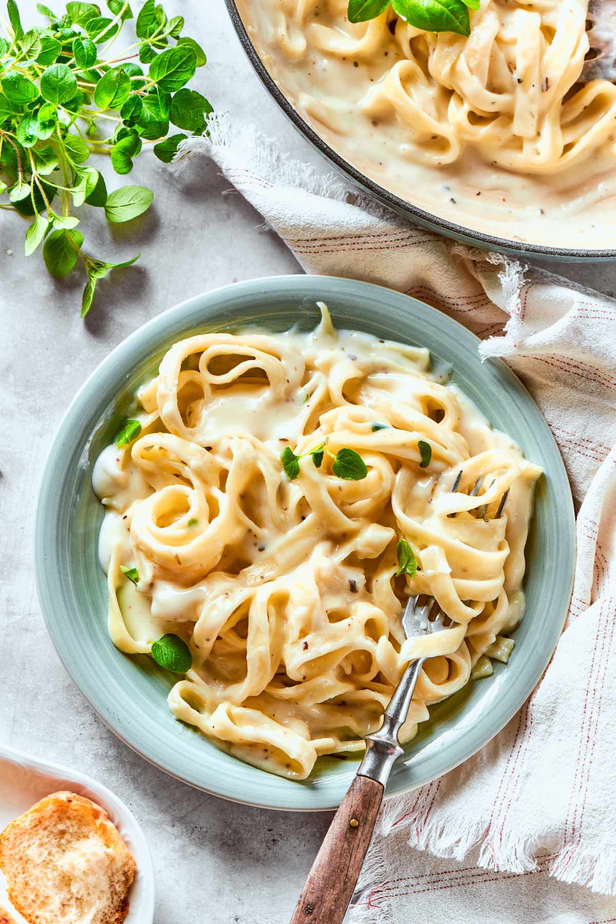 cottage cheese alfredo with pasta in a bowl.