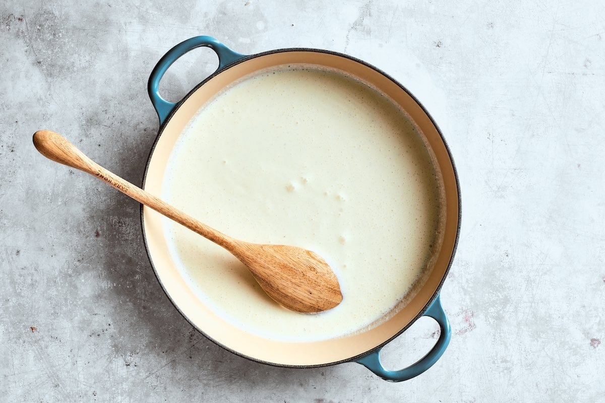 cottage cheese sauce in saucepan.