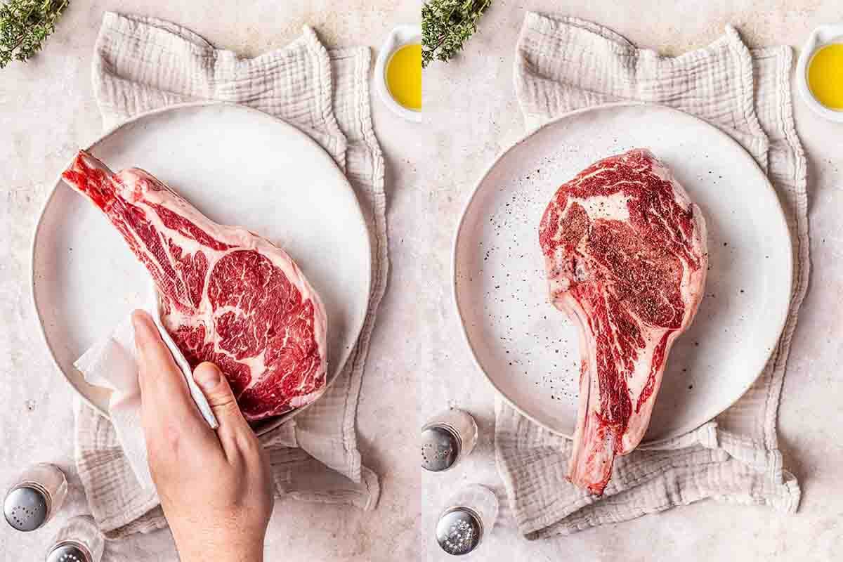 patting dry steak on a plate.