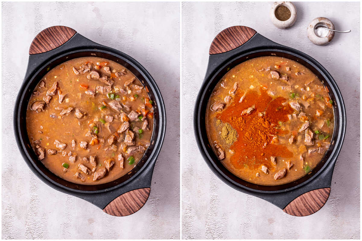 seasonings and broth simmering in pot.