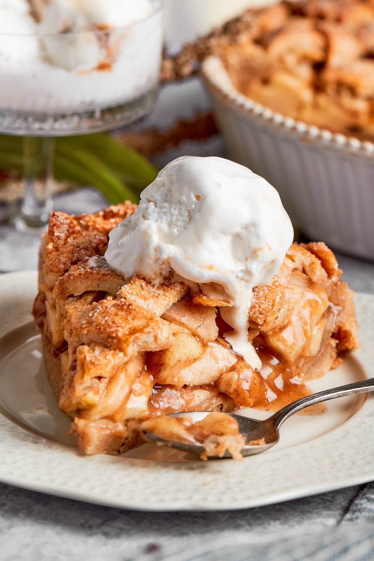 slice of healthy apple pie with vanilla ice cream.