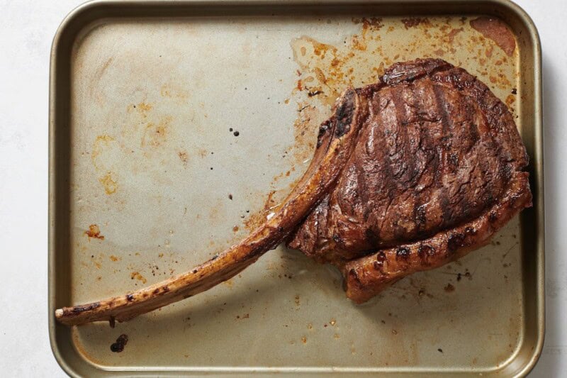 steak resting on pan.