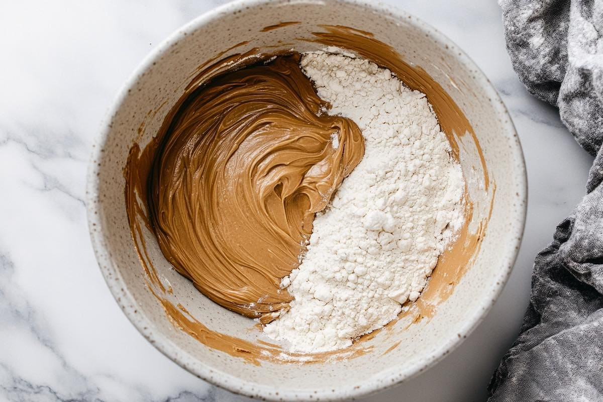 biscoff spread and flour in a bowl.