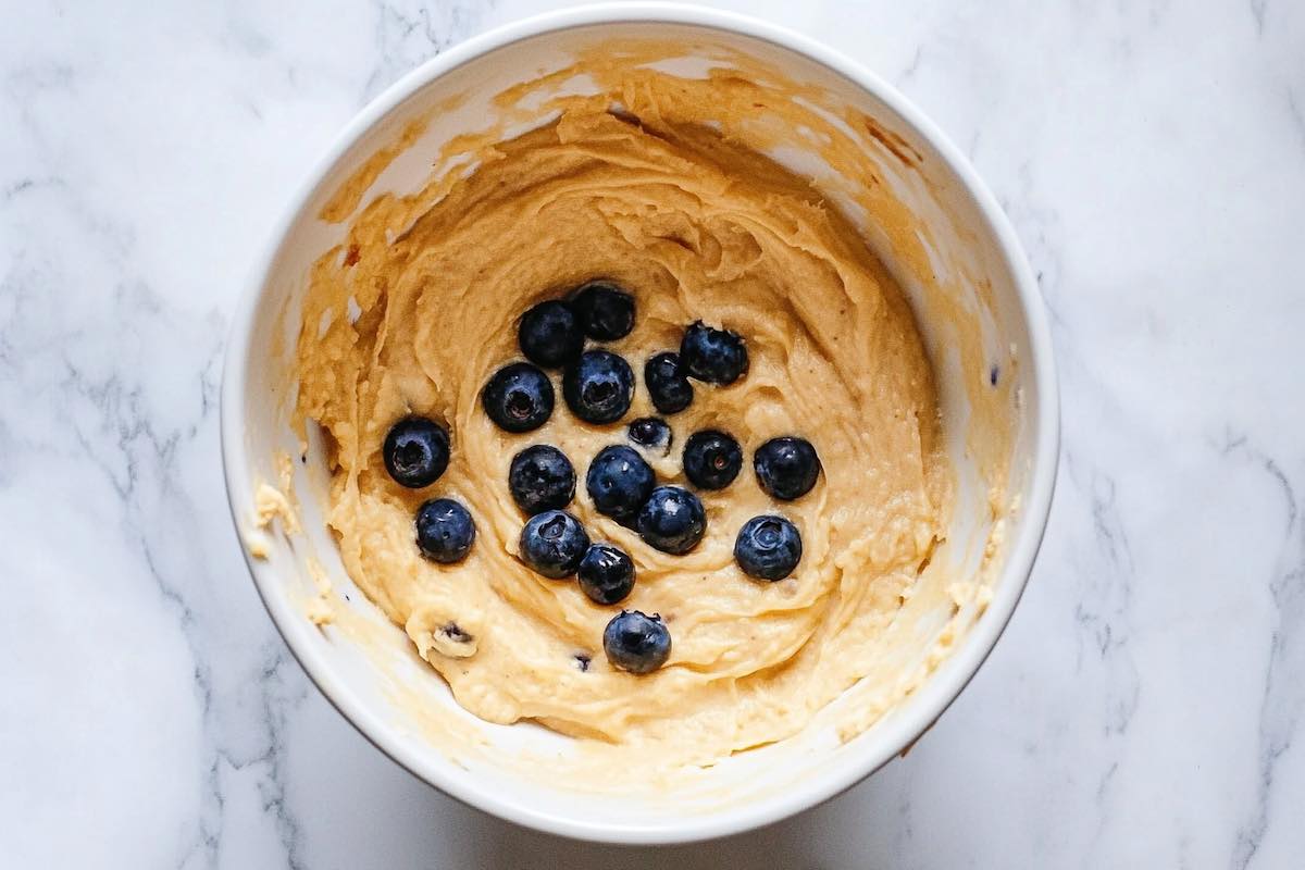 banana bread batter with blueberries.