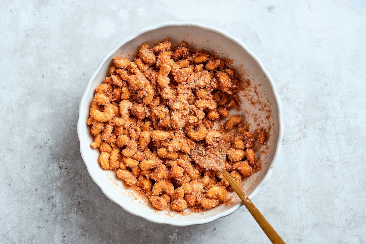 cashews coated in cinnamon and sugar.